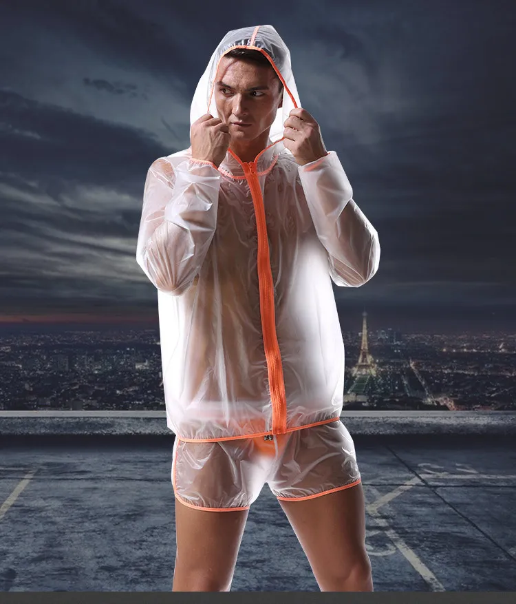Мужское стильное легкомысленное дышащее полупрозрачное водонепроницаемое пальто с капюшоном и длинным рукавом, сексуальные непромокаемые короткие спортивные штаны