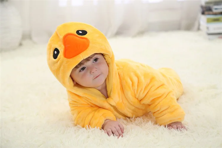 Симпатичные Желтая утка с капюшоном детские комбинезоны костюм для одежда для малышей фланель