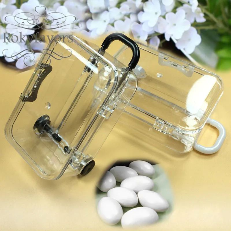 

50PCS Clear Transparent Mini Rolling Suitcase Favors Holder Birthday Candy Box Wedding Party Favors Travel Theme Supplies