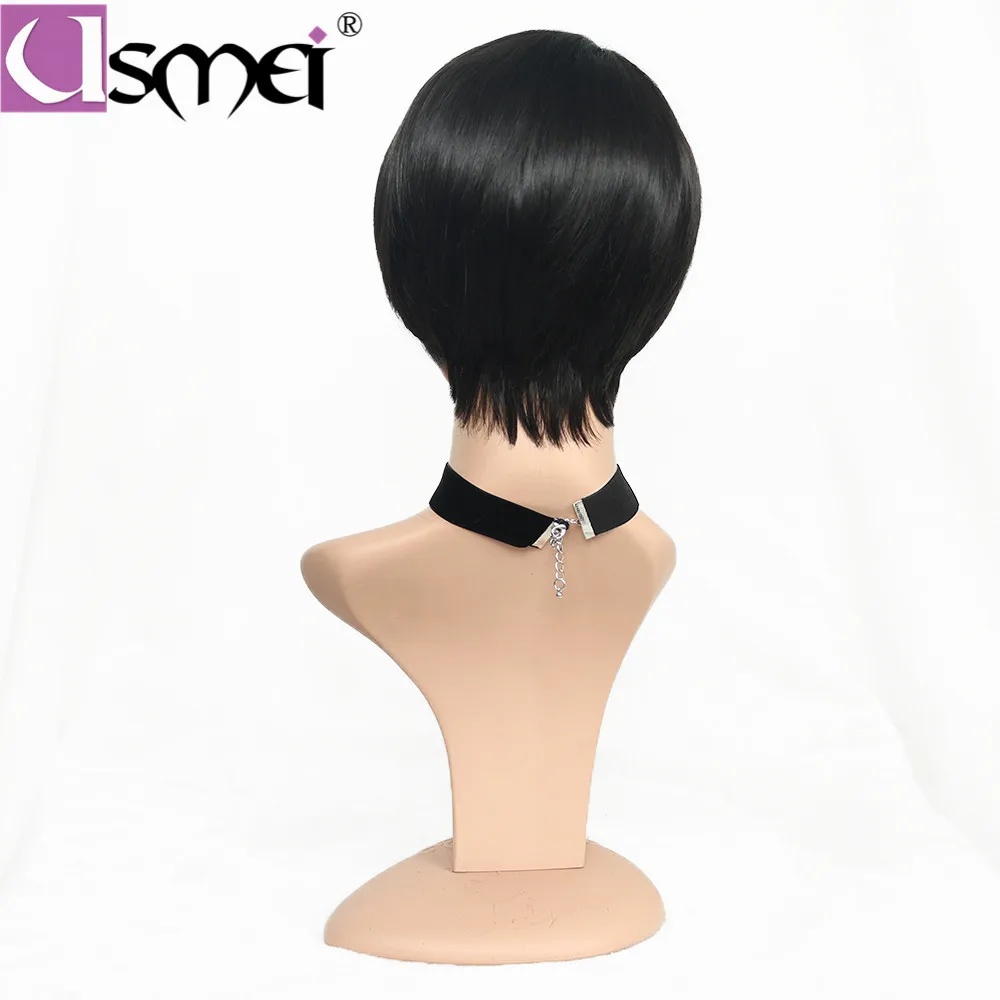 USMEI короткие парики для женщин синтетический парик черные прямые волосы высокой плотности температура волокно парик для костюмированной вечеринки боковая челка парики