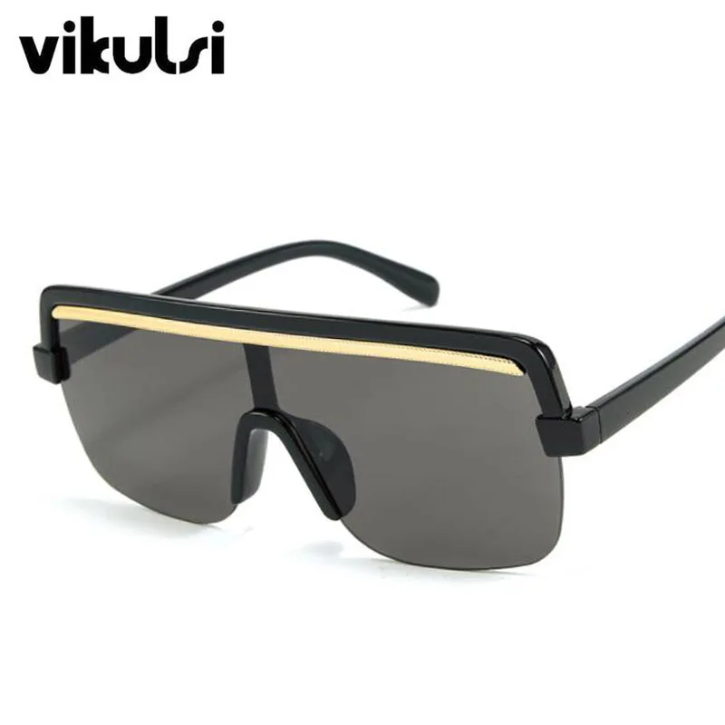 Unisex Retro Oversized Flat Top Sunglasses Women Brand Designer Square Mask Sun Glasses For Female Male Half Frame Shades UV400 - Цвет линз: E163 black black