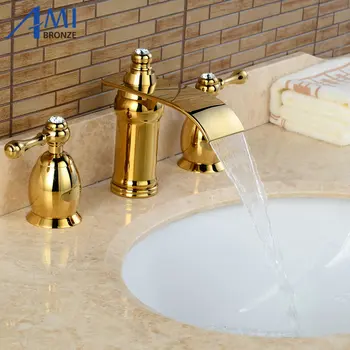 

3Pcs Waterfall Faucet Golden Polished Basin Faucets Deck Mounted Bathroom Tap Sink or Bathtub Faucet Double handles Faucet BA12