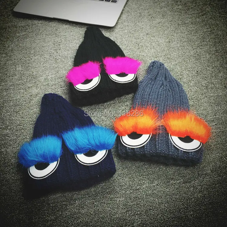 

Hot Sale Winter Hats Cappelli bonnets Monster Eye Faux Fur Eyelash knitted Beanie Hat Cap for Kids Wool knit Skullies gorro lana