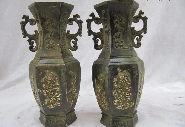 

USPS to USA S2619 China Folk Copper Bronze Gilt chrysanthemum flower Eight arris Bottle Vase Pair