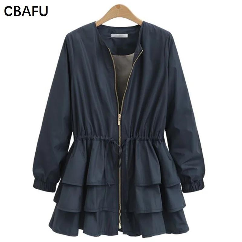 

CBAFU M-XXXL plus big size women autumn winter jacket long sleeve elastic waist belt runway coat layered loose solid tops X111