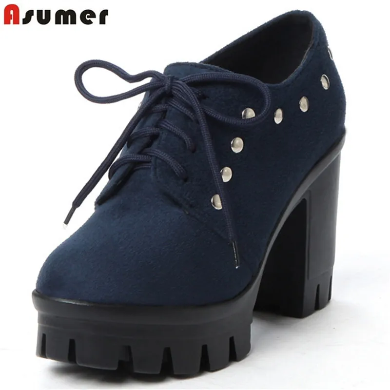 Tanie ASUMER flokowane, na wysokim obcasie buty zasznurować platformy wiosna jesień buty moda kobiety pompy klasyczne nit lady prom buty