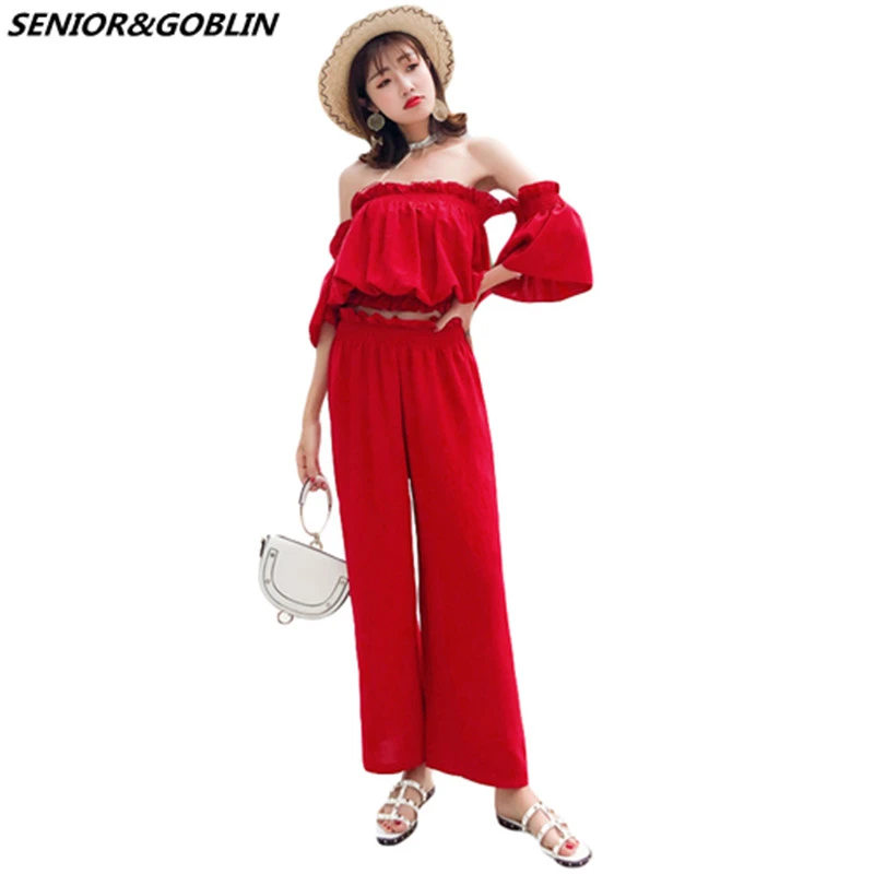 red wide leg trouser suit
