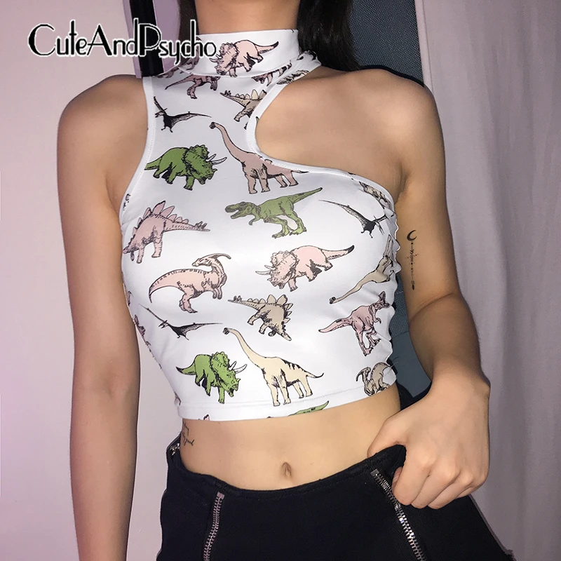

2019 Irregular Dinosaur Print Top Tee Sleeveless Vest Crop Top Casual Turtleneck Tank Tops Summer Woman Streetwear Cuteandpsycho
