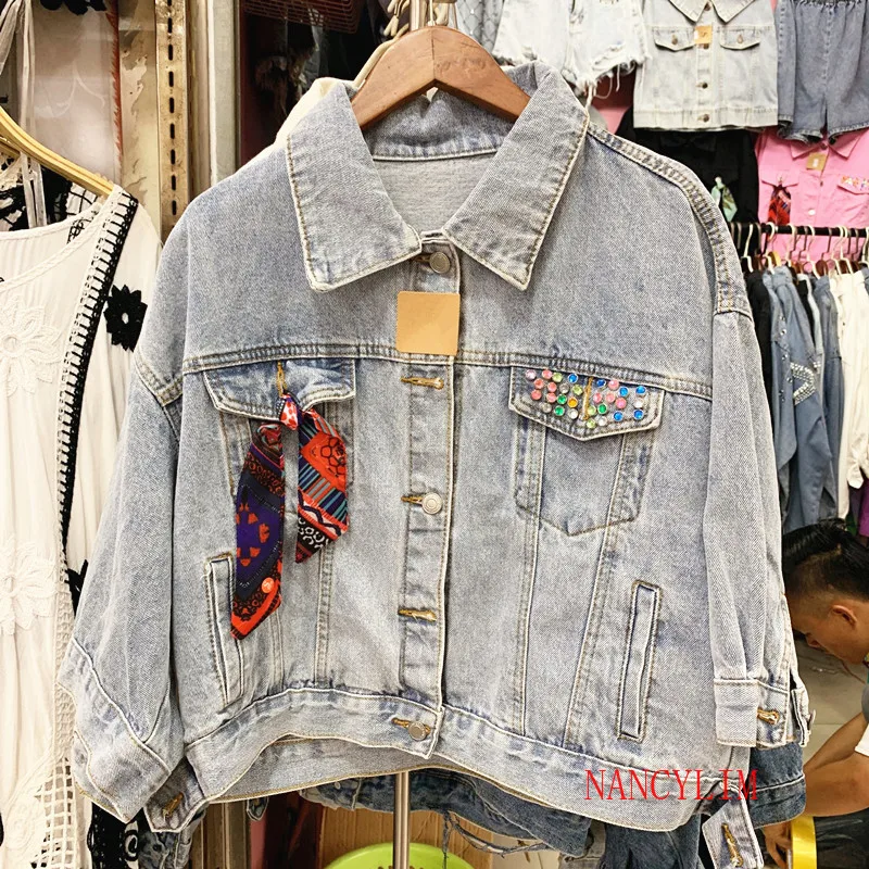 

Cowboy Short Coat Korean Version Girls Lady Loose Spring Fall Jacket Fashion Lace-up Diamond Slim Jeans Top Womens Denim Coats