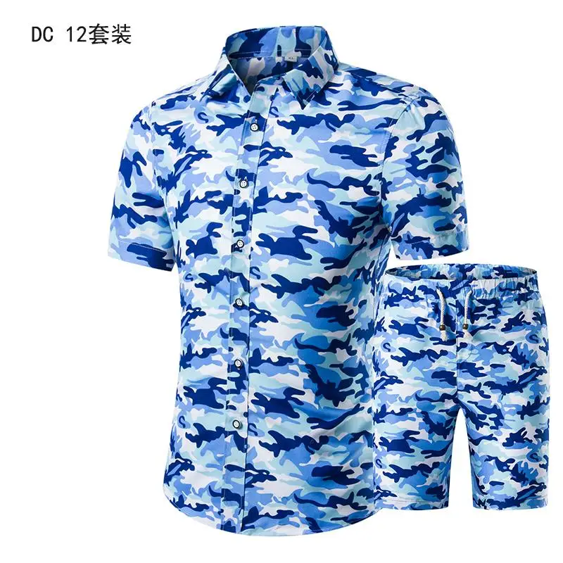 Летние модные рубашки с цветочным принтом для мужчин+ шорты, набор мужских рубашек с коротким рукавом, повседневная мужская одежда в гавайском стиле, комплекты спортивных костюмов размера плюс 5X - Цвет: DC12suit
