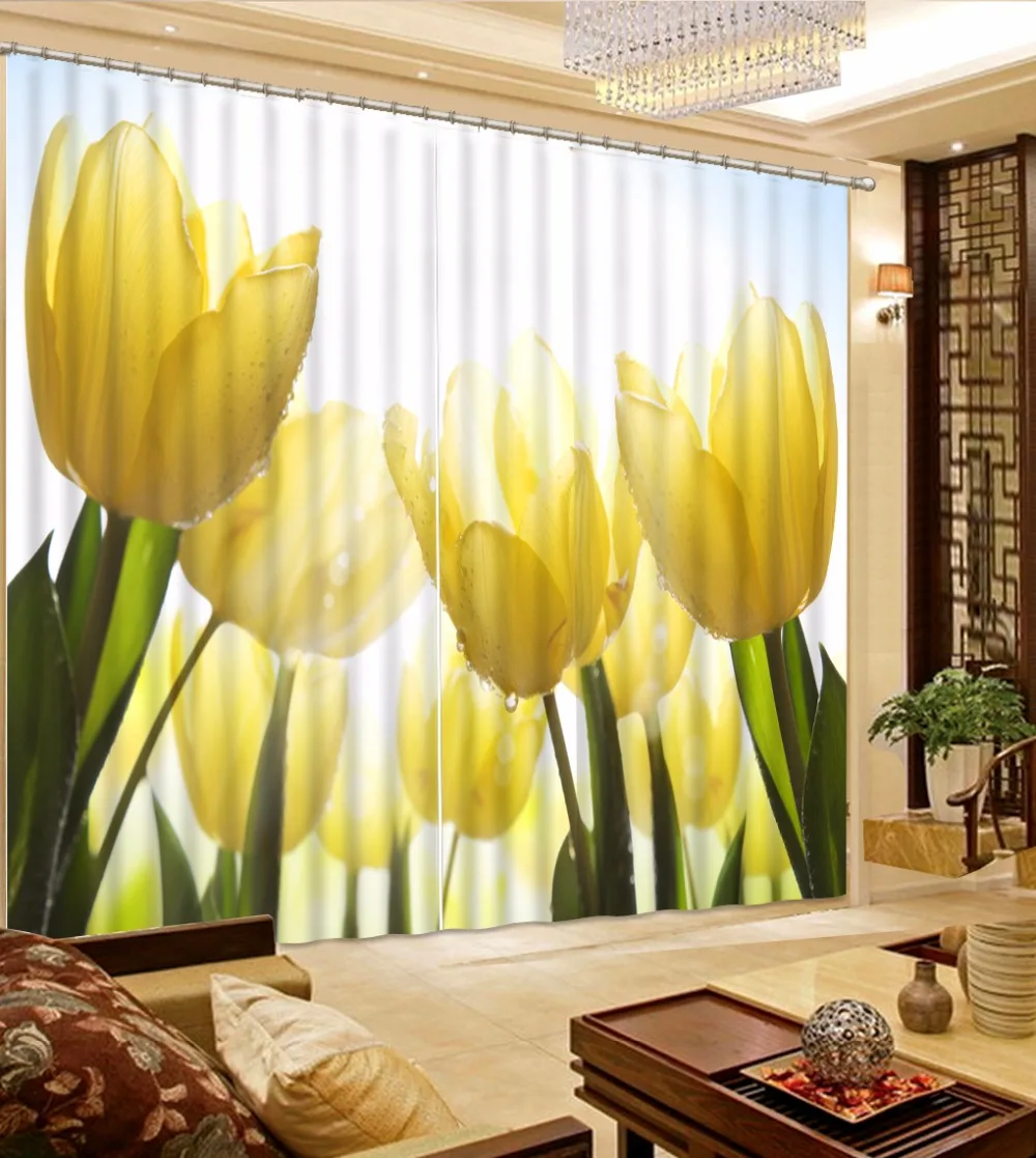 Customize Size 3d Curtain Yellow Tulip Flower Curtain Flower Bed Room