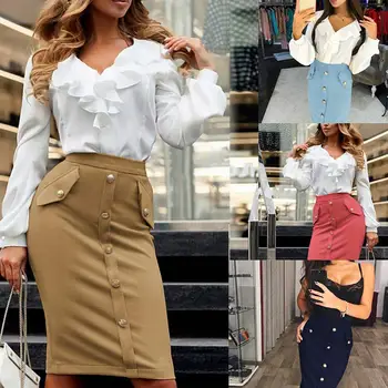 

Women Solid Color Single Breasted High Waist Bodycon Split Midi Pencil Skirt