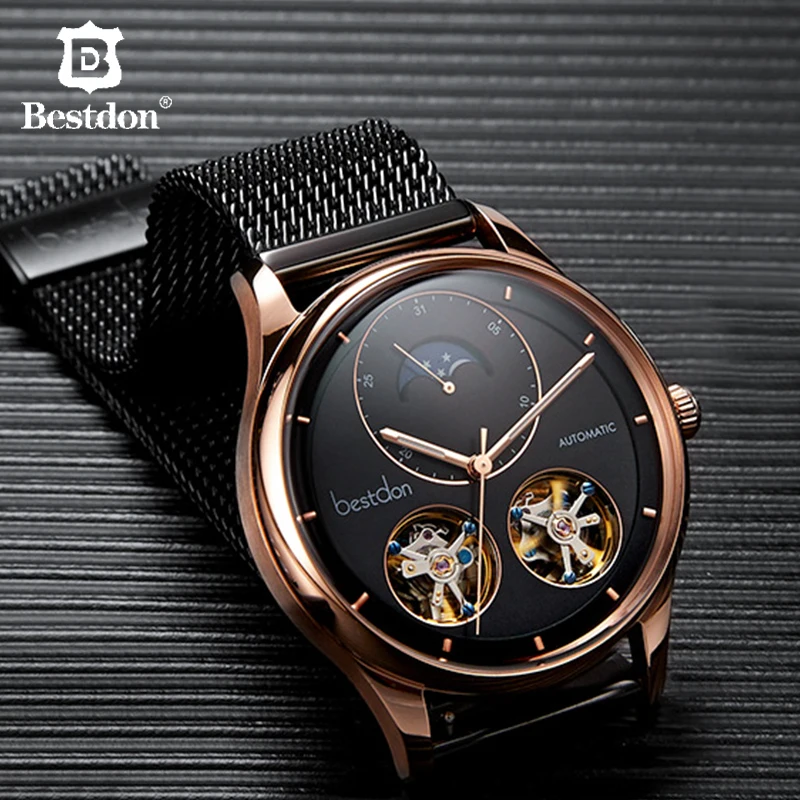 Bestdon Double Tourbillon Men's Watch Fashion Automatic Mechanical Watches Moon Phase Stainless Steel Switzerland Luxury Brand