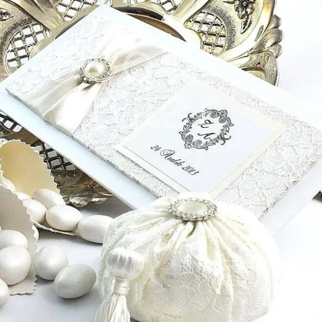  Cocostyles personalized elegant lace invitation card with pearl brooch and satin ribbon for dreamli - 32865120475
