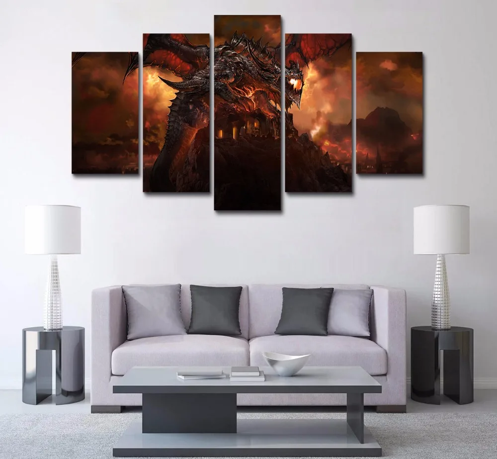 HD печать 5 шт Deathwing Dragon Fire Sky World of Warcraft постер холст картина детский Декор Холст