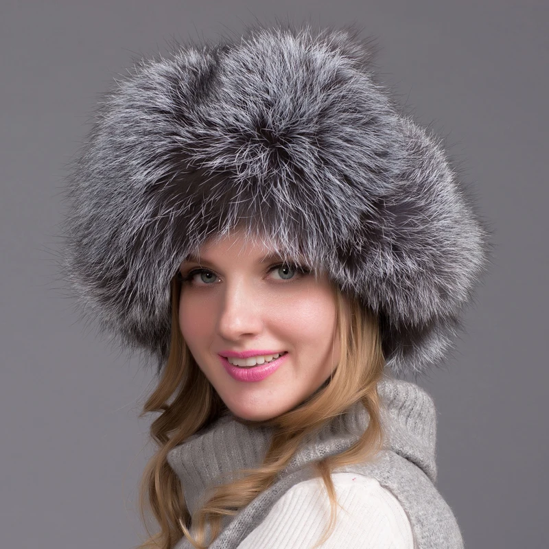 

Russia Hot Winter Fashion Item Raccoon & Fox Fur Leather Hat With Winter Oars Women's Thick And Warm Winter Hat