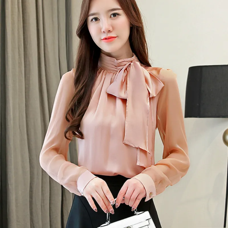 

2018 Spring Long Transparent Sleeve Bow Tie Collar Black Chiffon Blouses Women Bow Tie White Chiffon Blouses Bow Shirt Tops