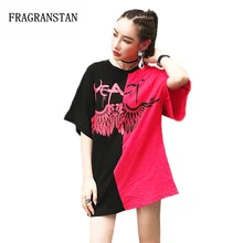 Летняя женская модная новая футболка с буквенным принтом хит цвета Женская Повседневная Свободная хлопковая Лоскутная Футболка с рукавами «летучая мышь» JQ182