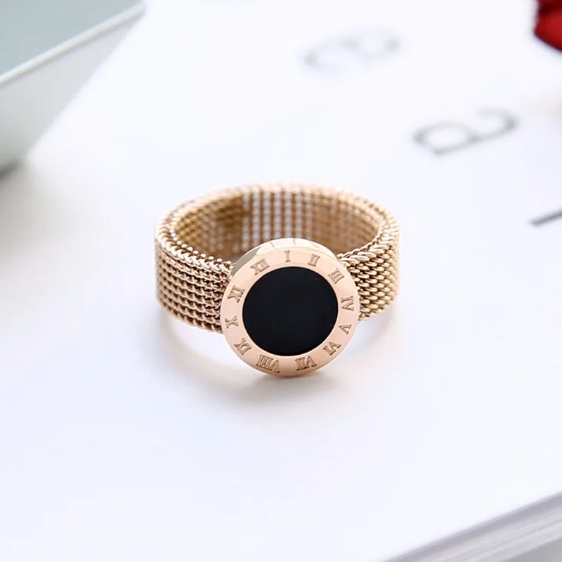 

New Arrival Roman Number Black Round Charms Titanium Steel Rose Gold Color Women Woven Net Style Women Finger Rings