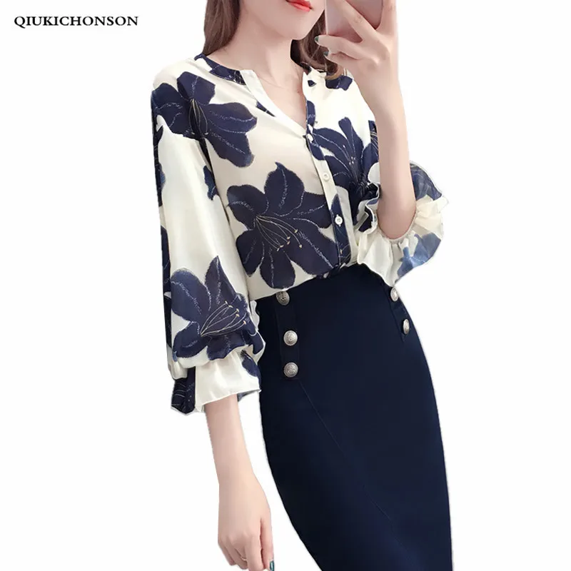 

Korean Fashion Clothing Women Elegatn V-Neck Flower Print Blouse Femme Three Quarter Lantern Sleeve Office Shirt Ladies Tops