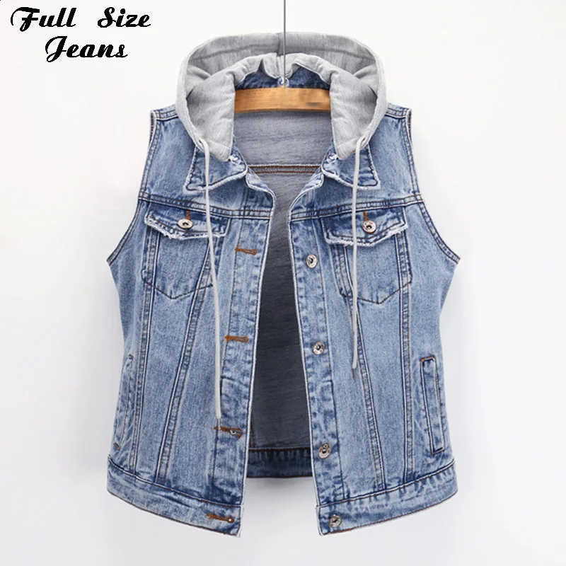 

Plus Size Spring Summer Sleeveless Short Casual Denim Vest 3XL 5XL Large Size Slim Mom Jeans Jackets All Match Hooded Vests