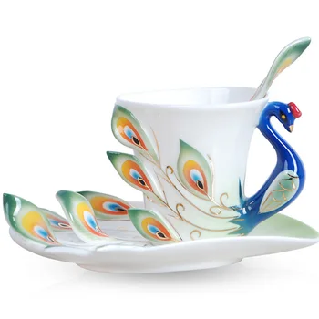 

coffee mug cup cups set Super Porcelain Enamel Mugs Peacock Tea Coffee Fashion Ceramic paint Colored Drawing Creative Tea Cup