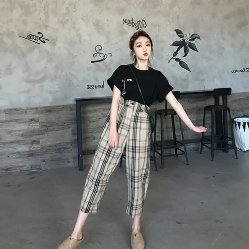 

Summer Women Sets Clothes Short Sleeves O-neck Black Tops Plaid Elastic Waist Ankle-length Pants Casual 2 Piece Set Women