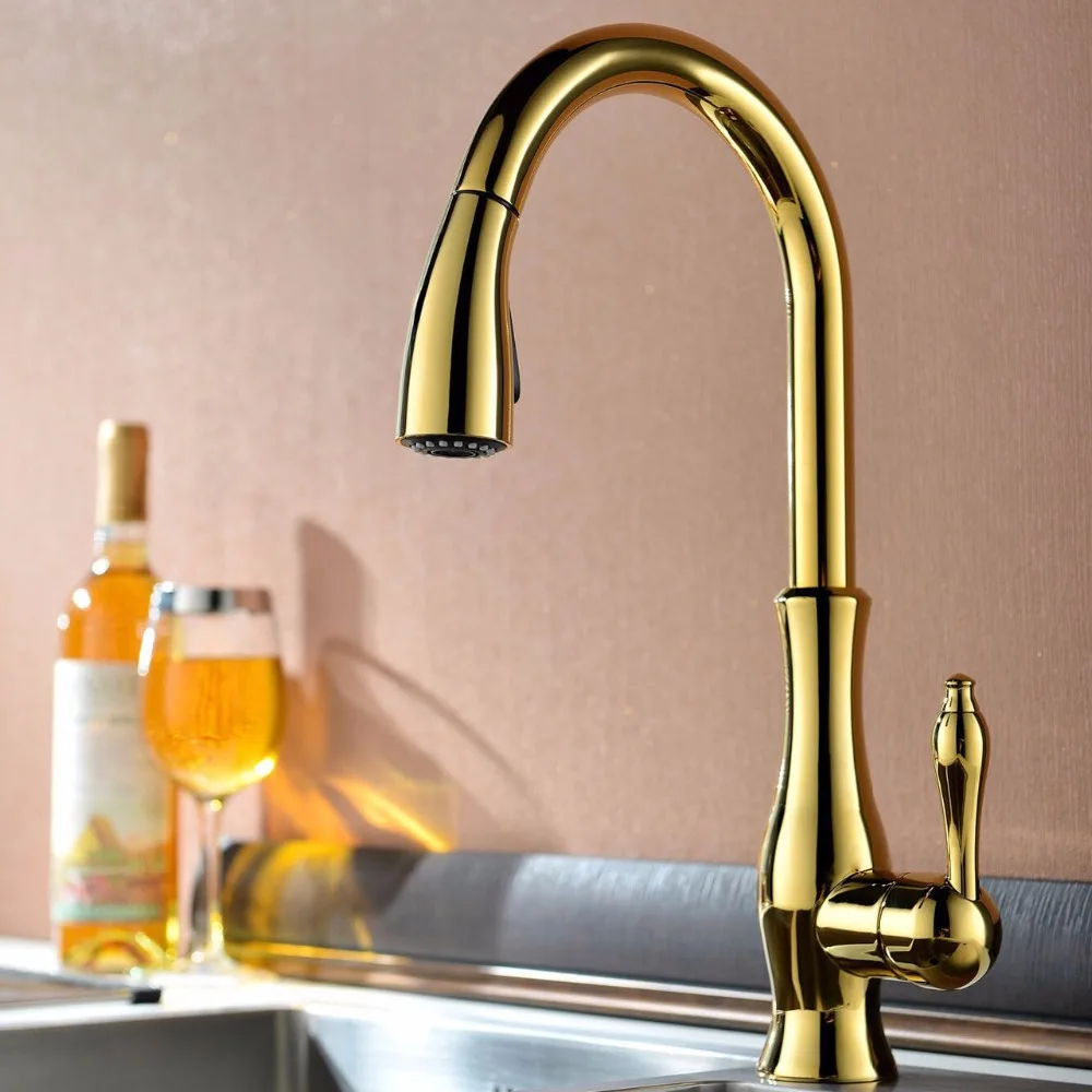 brass singel lever high arc pull down kitchen faucet with retractable pull out wand swivel spout titanium gold - Kitchen Sink Titanium brass singel lever high arc pull down kitchen faucet with retractable pull out wand swivel spout titanium gold - Kitchen Sink Titanium