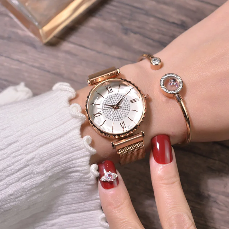Роскошный бренд, стразы из нержавеющей стали, женские наручные часы, магнитные женские кварцевые часы, женские часы, relogio feminino - Цвет: Золотой