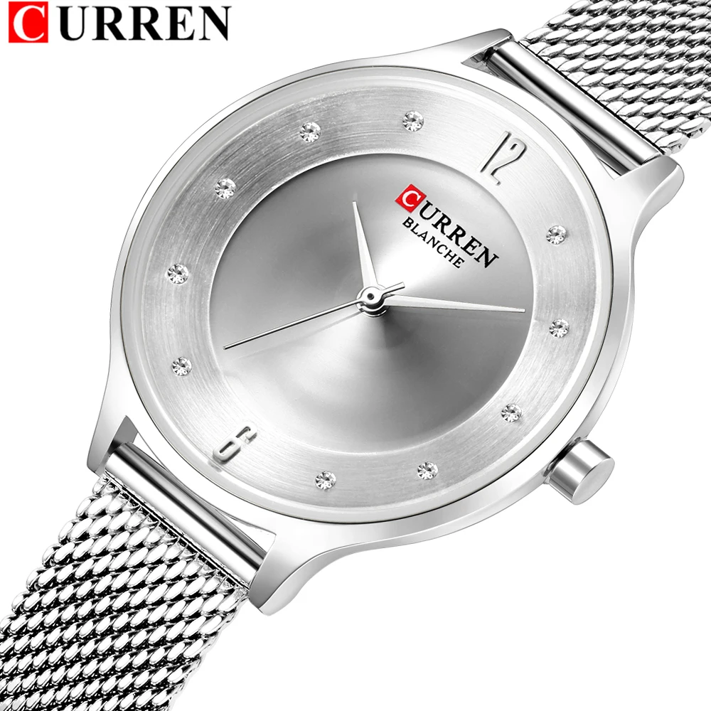 

CURREN Fashion Slim Womens Watches With Rhinestone Set Dial Beautiful Analog Quartz Wrist Watch For Ladies Sliver Female Clock