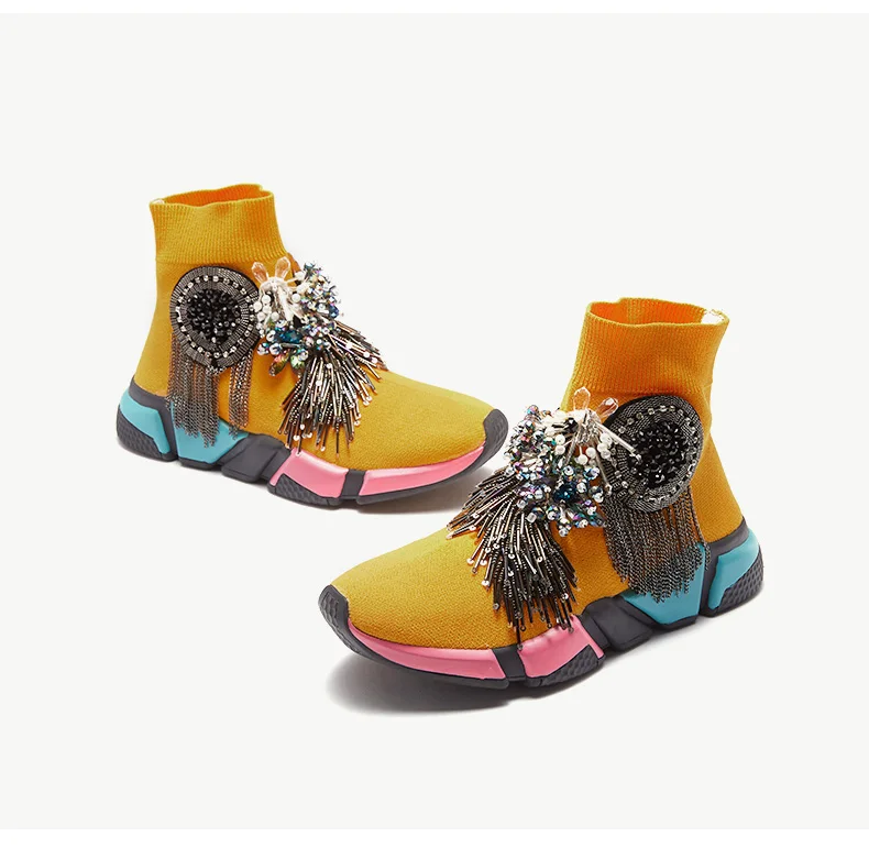 Crystal Socks Sneaker Yellow Women Rhinestone Casual Shoes Crystal Sneaker Lady Tassels Knitted Socks Sneaker Fashion WK97 Crystal Socks Sneaker Yellow Women Rhinestone Casual Shoes Crystal Sneaker Lady Tassels Knitted Socks Sneaker Fashion WK97