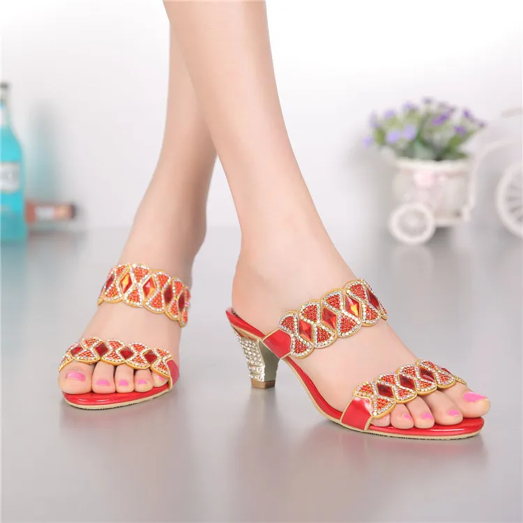 2017 Summer Womens Shoes High-heeled Slippers Sexy Sweet Diamonds Sandals Female Red 6cm-1