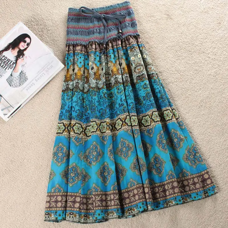 Boho Floral A-line Women's Maxi Skirt Elastic High Waist Sashes Vintage Pleated Womens Skirts 2020 Summer Fashion Clothes Female