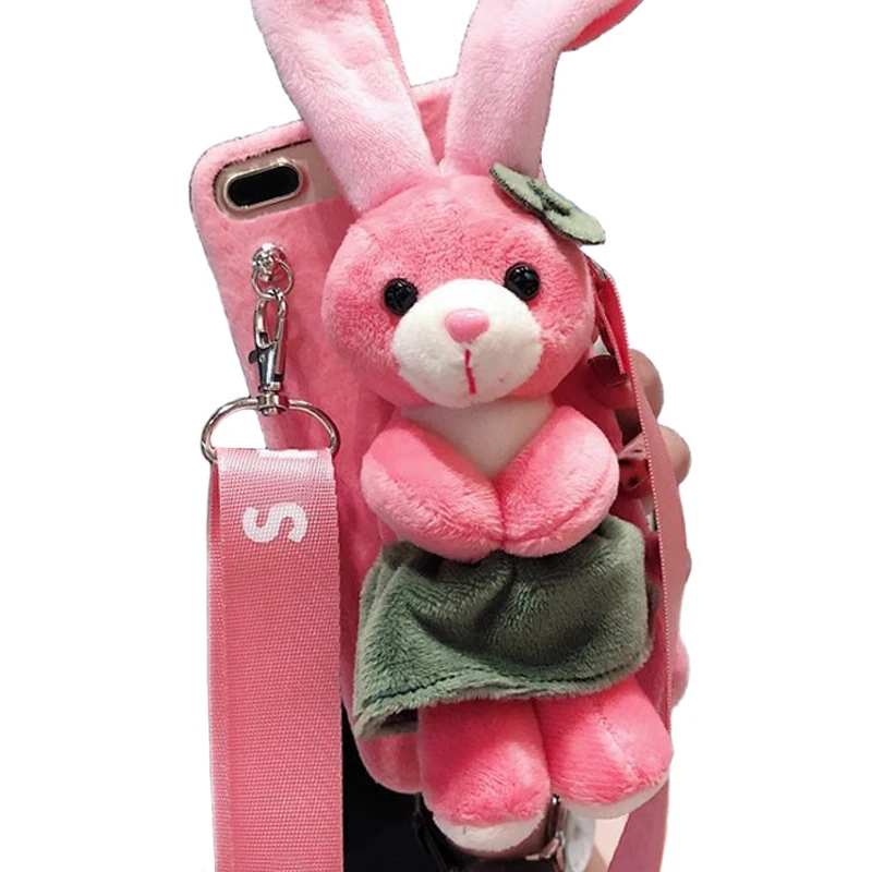 

Cartoon Doll Toy Rabbit Phone Case, 3d Cute Stripes Plush Strap Rabbit Soft Cover with Bracket Stand for iPhone 7 8 Case Cover