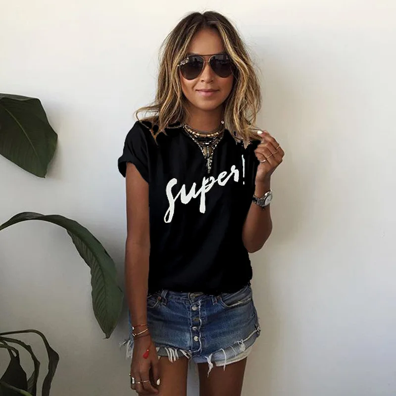 

Women Summer Party T Shirt Supes Letter-printed T-shirt with Short Sleeves In Summer 2019 Short Casual T-shirts Solid Tee Shirt
