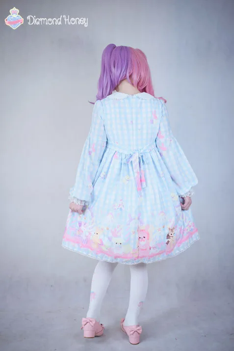 Kawaii Кролик Кукла Плед Проверяет Японские Женские Лолита OP платье с бантом с длинным рукавом Питер Пэн воротник милый цельный розовый и синий