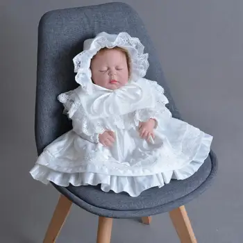 

2PCs per Set Baby Girl Baptism Dress White Infant Girl Christening Gown Lace Embroidered Long Gown Flower Hat 0-24Months
