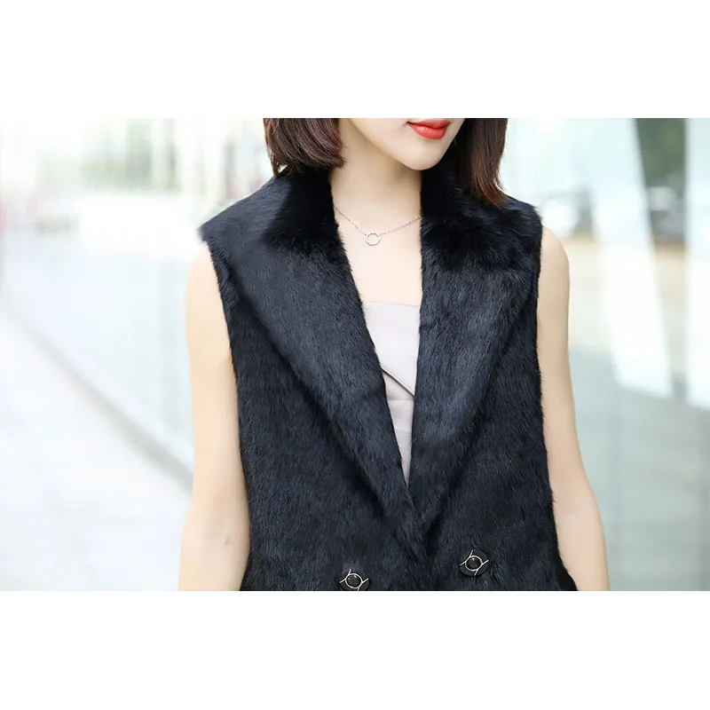 Vraie Down Lapin Turn Collier Double Entaillé Breasted Femme Vestes De Femmes Poches Naturel Fourrure Noir Manches Gilets 8xwT54