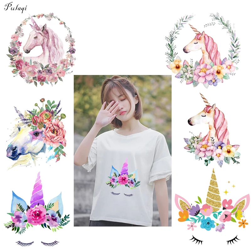 

Pulaqi Unicorn Fashion Girl Wreath Horse Heat Transfers Pvc Patch Stickers On Clothes Washable 3D Stickers Patch DIY Decoration