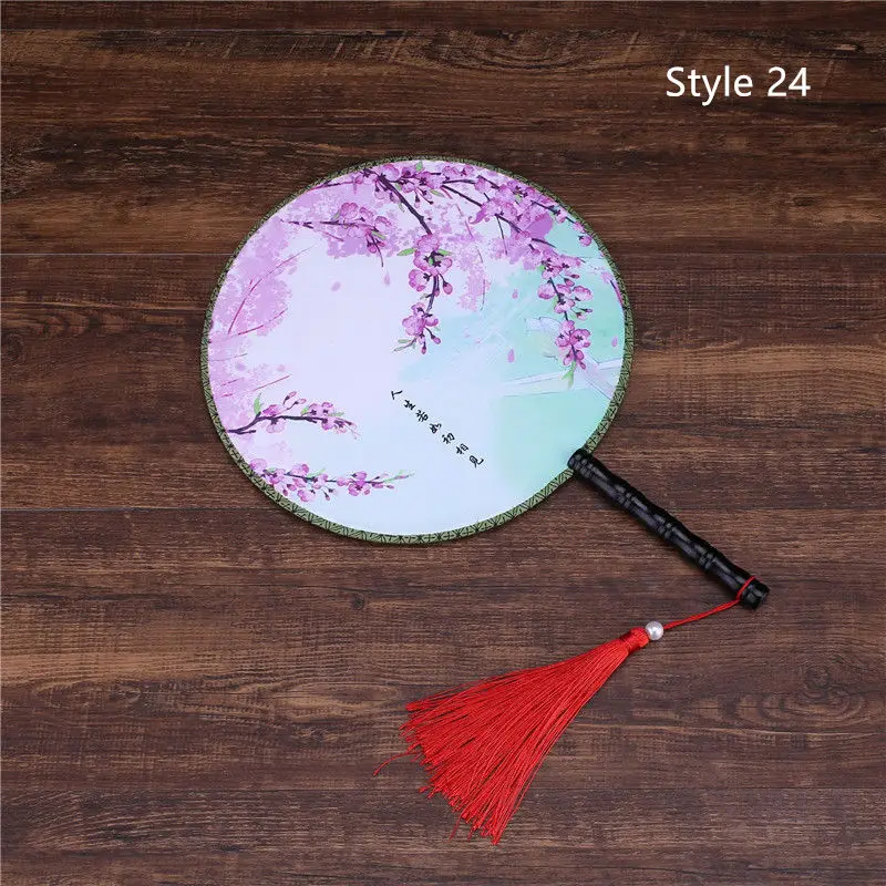 Китайский Японский стиль женские круглые вентиляторы классический танцевальный веер ручной круговой винтажный вентилятор с кисточкой кулон - Цвет: style 24