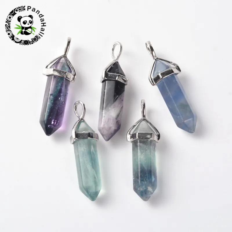 

30pcs Faceted Bullet Stone pendants with Brass Findings, Fluorite, 39x10mm, hole: 3x5mm