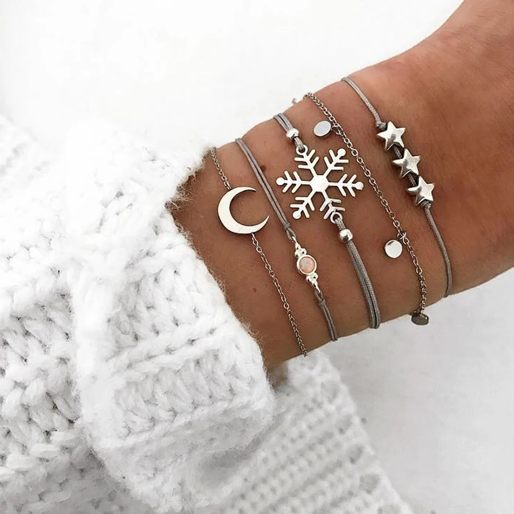 

5 Pcs/set Trend Bangle Snowflake Gems Star Crescent Wafer Chain Bracelet Set Women Exquisite Jewelry Party Accessories Gifts