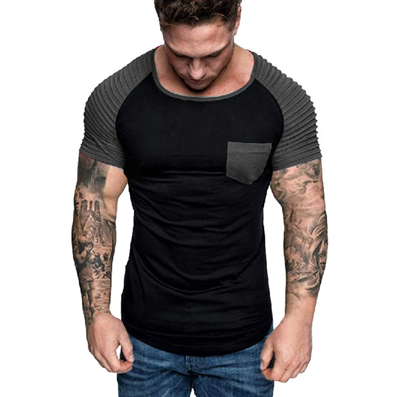 

2019 NEW Men's O-Neck Slim Fit Solid Color Short Men T-shirt Striped Fold Raglan Sleeve Style T shirt Men Tops Tees Size S-XXXL