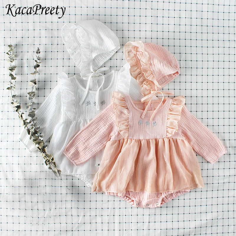 

Lace bow princess romper for girls long sleeve cotton jumpsuit newborn body overalls children pajamas+hat