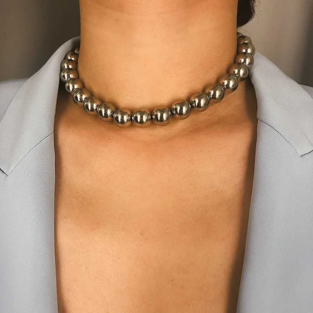 

KMVEXO Punk Rock Metal Ball Beaded Necklaces For Women Gold Silver Handmade Choker Necklace Collar Jewelry Girls Party Club Gift