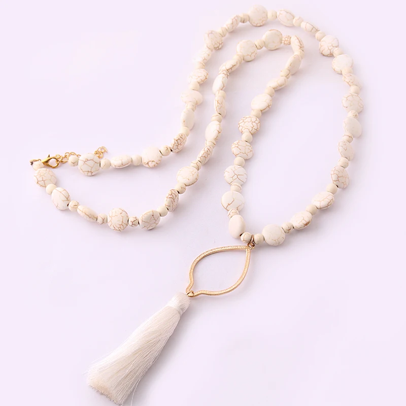 

Fashion Bohemian Tribal Jewelry Flat White Stones Bead Stones with drop matching tassel women Necklace
