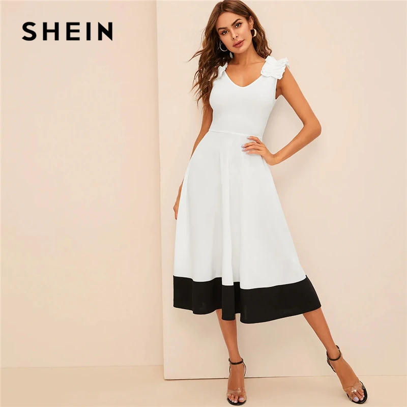 SHEIN Контрастное Платье С Молнией Сзади Женское Белое Элегантное V Образным