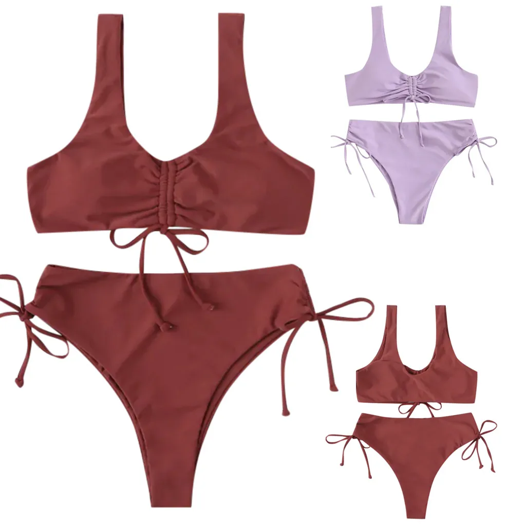 

Women Soild Red Pink Cross Bandage Push-Up Padded Bra Beach Bikini Two Piece Swimsuit Pleated Split Beachwear Mid Waist Swimwear