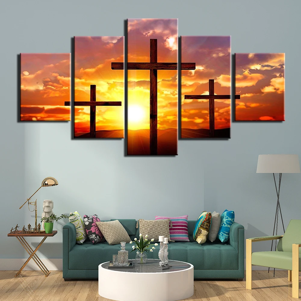 

Posters and Prints 5 Panels Canvas Painting Print Framed Wall Art Christianity Picture for Living Room