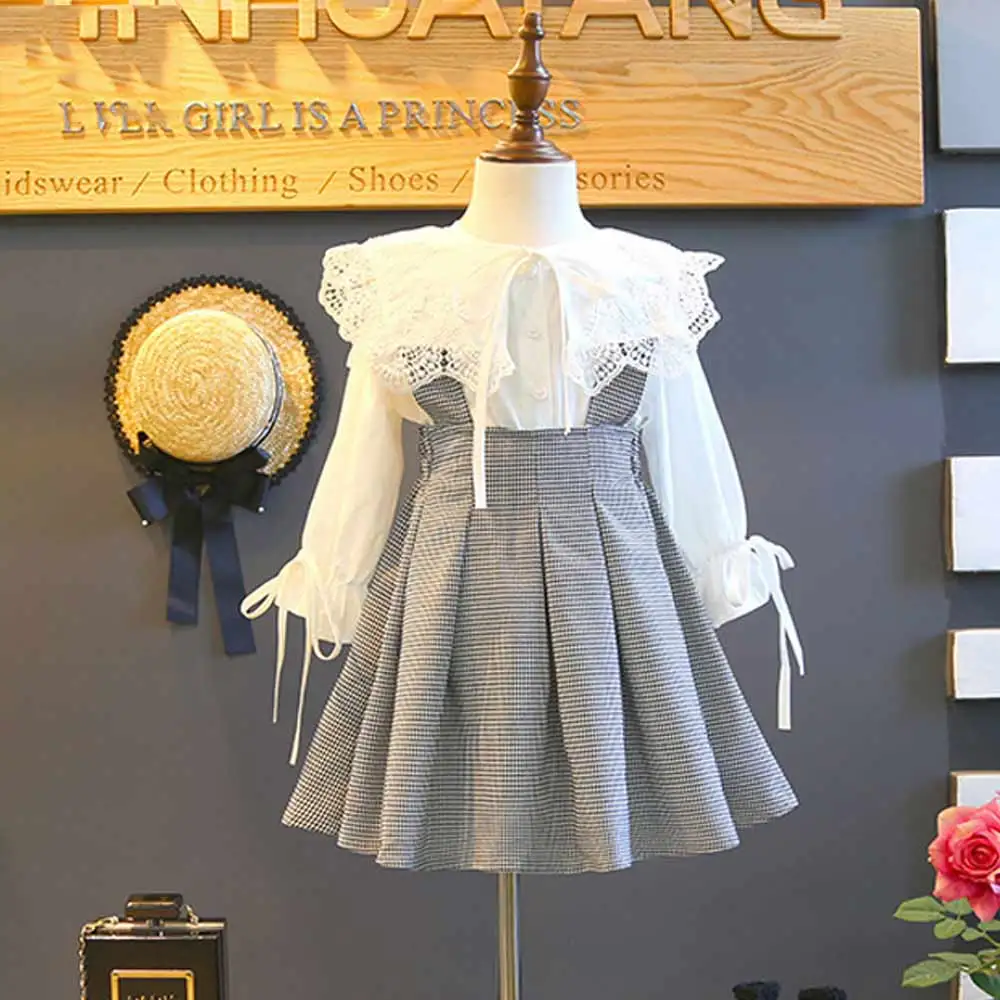 

Girl Children Clothes Sets Kids Autumn Cute Long Sleeve Lace Bow Shirt+Straps Plaid Skirt Toddler Girls Clothes 2 3 4 5 6 Y